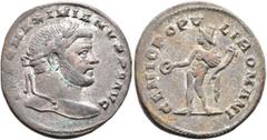 Roman Imperial Maximianus, first reign, 286-305. Follis (Silvered bronze, 26 mm, 8.90 g, 6 h), Londinium, circa 296. IMP MAXIMIANVS P F AVG Laureate head of Maximianus to right. Rev. GENIO POPVLI ROMA