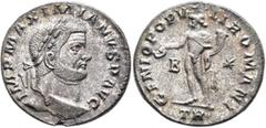 Roman Imperial Maximianus, first reign, 286-305. Follis (Silvered bronze, 24 mm, 9.17 g, 6 h), Treveri, circa 298-299. IMP MAXIMIANVS P AVG Laureate head of Maximianus to right. Rev. GENIO POPVLI ROMA