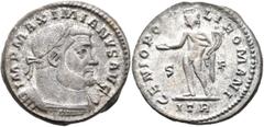 Roman Imperial Maximianus, first reign, 286-305. Follis (Silvered bronze, 27 mm, 8.51 g, 6 h), Treveri, circa 302-303. IMP MAXIMIANVS AVG Laureate and cuirassed bust of Maximianus to right. Rev. GENIO