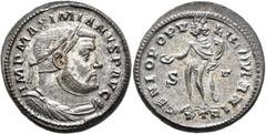 Roman Imperial Maximianus, first reign, 286-305. Follis (Silvered bronze, 28 mm, 10.56 g, 6 h), Treveri, circa 303-1 May 305. IMP MAXIMIANVS P AVG Laureate, draped and cuirassed bust of Maximianus to 
