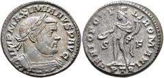 Roman Imperial Maximianus, first reign, 286-305. Follis (Silvered bronze, 26 mm, 9.23 g, 6 h), Treveri, circa 303-1 May 305. IMP MAXIMIANVS P AVG Laureate and cuirassed bust of Maximianus to right. Re