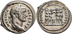 Roman Imperial Galerius, as Caesar, 293-305. Argenteus (Silver, 19 mm, 2.71 g, 6 h), Rome, 294-295. MAXIMIA-NVS CAES Laureate head of Galerius to right. Rev. PROVIDE-NTIA AVGG The four tetrarchs sacri