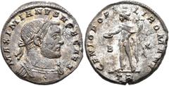 Roman Imperial Galerius, as Caesar, 293-305. Follis (Silvered bronze, 26 mm, 8.53 g, 6 h), Treveri, circa 298-299. MAXIMIANVS NOB CAES Laureate and cuirassed bust of Galerius to right. Rev. GENIO POPV