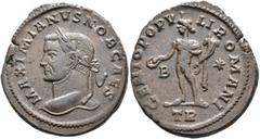 Roman Imperial Galerius, as Caesar, 293-305. Follis (Bronze, 27 mm, 10.36 g, 12 h), Treveri, circa 298-299. MAXIMIANVS NOB CAES Laureate head of Galerius to left. Rev. GENIO POPVLI ROMANI / B - ✱ / TR
