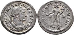 Roman Imperial Galerius, as Caesar, 293-305. Follis (Silvered bronze, 27 mm, 11.15 g, 6 h), Treveri, circa 298-299. MAXIMIANVS NOB CAES Laureate and cuirassed bust of Galerius to right. Rev. GENIO POP