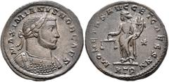 Roman Imperial Galerius, as Caesar, 293-305. Follis (Bronze, 27 mm, 9.14 g, 12 h), Treveri, circa 300-301. MAXIMIANVS NOB CAES Laureate and cuirassed bust of Galerius to right. Rev. MONETA •S•AVGG ET 