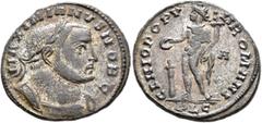 Roman Imperial Galerius, as Caesar, 293-305. Follis (Silvered bronze, 28 mm, 10.35 g, 12 h), Lugdunum, circa 301-303. MAXIMIANVS NOB C Laureate and cuirassed bust of Galerius to right. Rev. GENIO POPV