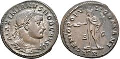 Roman Imperial Galerius, as Caesar, 293-305. Follis (Silvered bronze, 27 mm, 8.67 g, 6 h), Treveri, circa 302-303. MAXIMIANVS NOB CAES Laureate and cuirassed bust of Galerius to right. Rev. GENIO POPV