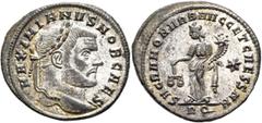 Roman Imperial Galerius, as Caesar, 293-305. Follis (Silvered bronze, 29 mm, 8.87 g, 5 h), Rome, circa 302-303. MAXIMIANVS NOB CAES Laureate head of Galerius to right. Rev. SACRA MONET VRB AVGG ET CAE