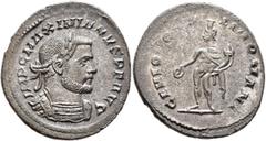 Roman Imperial Galerius, 305-311. Follis (Silvered bronze, 28 mm, 9.44 g, 6 h), Londinium, 1 May 305-Spring 307. IMP C MAXIMIANVS P F AVG Laureate and cuirassed bust of Galerius to right. Rev. GENIO P