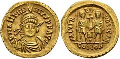 Roman Imperial Anthemius, 467-472. Solidus (Gold, 21 mm, 4.45 g, 6 h). D N ANTHE-MIVS P F AVG Helmeted, pearl-diademed, draped and cuirassed bust of Anthemius facing, his head turned slightly to right