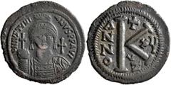 Byzantine Justinian I, 527-565. Half Follis (Bronze, 29 mm, 11.13 g, 1 h), Cyzicus, RY 15 = 541/2. D N IVSTINIANVS P P AVI Helmeted and cuirassed bust of Justinian I facing, holding globus cruciger in