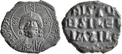 Byzantine Anonymous Folles, time of Basil II & Constantine VIII, circa 976-1025. Follis (Bronze, 24 mm, 6.13 g, 6 h), a contemporary imitation from an irregular mint. +ЄMMANOVHΛ (retrograde) Nimbate b