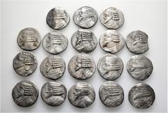 Group Lots A lot containing 18 silver coins. All: Parthian Tetradrachms. Fine to very fine. LOT SOLD AS IS, NO RETURNS. 18 coins in lot. From a European collection, formed before 1990.