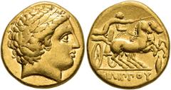 Greek KINGS OF MACEDON. Philip II, 359-336 BC. Stater (Gold, 17 mm, 8.56 g, 12 h), Pella, struck under Philip II or Alexander III, circa 340-328. Laureate head of Apollo to right. Rev. ΦΙΛΙΠΠOY Chario