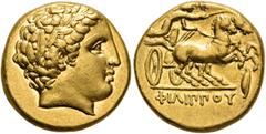Greek KINGS OF MACEDON. Philip II, 359-336 BC. Stater (Gold, 17 mm, 8.60 g, 11 h), Pella, struck under Philip II or Alexander III, circa 340-328. Laureate head of Apollo to right. Rev. ΦΙΛΙΠΠOY Chario