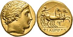 Greek KINGS OF MACEDON. Philip II, 359-336 BC. Stater (Gold, 17 mm, 8.61 g, 1 h), Pella, struck under Philip II or Alexander III, circa 340/36-328. Laureate head of Apollo to right. Rev. ΦΙΛΙΠΠΟΥ Char