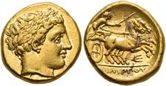 Greek KINGS OF MACEDON. Philip II, 359-336 BC. Stater (Gold, 17 mm, 8.64 g, 12 h), Amphipolis, struck under Philip II or Alexander III, circa 340/36-328. Laureate head of Apollo to right. Rev. ΦΙΛΙΠΠO