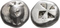 Greek ISLANDS OFF ATTICA, Aegina. Circa 550-530/25 BC. Stater (Silver, 20 mm, 11.88 g). Sea turtle seen from above, head in profile. Rev. Incuse square with mill-sail pattern. Asyut, Group V, 509. HGC