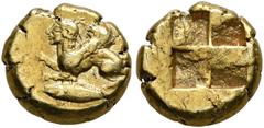 Greek MYSIA. Kyzikos. Circa 550-450 BC. Hemihekte – 1/12 Stater (Electrum, 8 mm, 1.32 g). Sphinx with curved wings to left, raising its right forepaw; below, tunny to left. Rev. Quadripartite incuse s