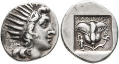 Greek ISLANDS OFF CARIA, Rhodos. Rhodes. Circa 150-125 BC. Drachm (Silver, 16 mm, 2.66 g, 12 h), 'Plinthophoric' coinage, Chalinos, magistrate. Radiate head of Helios to right. Rev. ΧΑΛΙΝΟΣ / P - O Ro