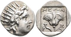 Greek ISLANDS OFF CARIA, Rhodos. Rhodes. Circa 125-88 BC. Drachm (Silver, 16 mm, 2.59 g, 12 h), 'Plinthophoric' coinage, Neon, magistrate. Radiate head of Helios to right. Rev. ΝΕΩΝ / P - O Rose with 