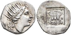 Greek ISLANDS OFF CARIA, Rhodos. Rhodes. Circa 88-84 BC. Drachm (Silver, 17 mm, 3.25 g, 12 h), 'Plinthophoric' coinage, Menodoros, magistrate. Radiate head of Helios to right. Rev. ΜΗΝΟΔΩΡΟ / P - O Ro