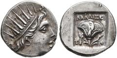 Greek ISLANDS OFF CARIA, Rhodos. Rhodes. Circa 88-84 BC. Drachm (Silver, 15 mm, 2.33 g, 12 h), 'Plinthophoric' coinage, Kallixeinos, magistrate. Radiate head of Helios to right. Rev. KAΛΛΙΞΕΙ / P - O 