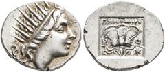 Greek ISLANDS OFF CARIA, Rhodos. Rhodes. Circa 88-84 BC. Drachm (Silver, 16 mm, 2.90 g, 12 h), 'Plinthophoric' coinage, Menodoros, magistrate. Radiate head of Helios to right. Rev. ΜΗΝΟΔΩΡΟΣ / P - O R