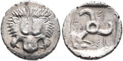 Greek DYNASTS OF LYCIA. Mithrapata, circa 390-370 BC. Diobol (Silver, 13 mm, 1.25 g), uncertain mint. Facing lion's scalp. Rev. 𐊎-𐊆-𐊉-𐊕-𐊀 ('Mithra' in Lycian) Triskeles. Müseler VII 91 var. (diff