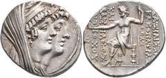 Greek SELEUKID KINGS OF SYRIA. Kleopatra Thea & Antiochos VIII, 126/5-121/0 BC. Tetradrachm (Silver, 29 mm, 16.41 g, 12 h), Ake-Ptolemais. Jugate busts of Kleopatra Thea, diademed, veiled and wearing 