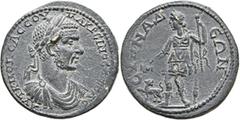 Roman Provincial PHRYGIA. Synnada. Macrinus, 217-218. Tetrassarion (Bronze, 29 mm, 13.62 g, 11 h). •AYT•K•M•ΟΠЄΛ CЄΟΥ ΜΑΚΡЄΙΝΟC CЄBAC Laureate, draped and cuirassed bust of Macrinus to right. Rev. CΥN