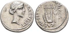 Roman Republican & Imperatorial Brutus, † 42 BC. Denarius (Silver, 17 mm, 3.94 g, 8 h), mint moving with Brutus in Lycia, spring-early summer 42 BC. LEIBERTAS Head of Libertas to right. Rev. CAEPIO•BR