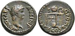Roman Imperial Nero, 54-68. Semis (Bronze, 17 mm, 4.32 g, 6 h), Rome, circa 64. NERO CAES AVG IMP Laureate head of Nero to right. Rev. CER QVINQ ROM CO / S C Table surmounted by wreath, amphora and th