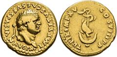 Roman Imperial Titus, 79-81. Aureus (Gold, 18 mm, 7.00 g, 6 h), Rome, 80. IMP TITVS CAES VESPASIAN AVG P M Laureate head of Titus to right. Rev. TR P IX IMP XV COS VIII P P Dolphin coiled around ancho