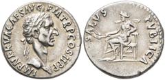 Roman Imperial Nerva, 96-98. Denarius (Silver, 18 mm, 3.55 g, 6 h), Rome, 96. IMP NERVA CAES AVG P M TR P COS II P P Laureate head of Nerva to right. Rev. SALVS PVBLICA Salus seated left on throne, ho