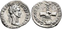 Roman Imperial Nerva, 96-98. Denarius (Silver, 18 mm, 3.41 g, 7 h), Rome, 96. IMP NERVA CAES AVG P M TR P COS II P P Laureate head of Nerva to right. Rev. CONCORDIA EXERCITVVM Clasped right hands hold