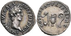 Roman Imperial Nerva, 96-98. Denarius (Silver, 18 mm, 3.00 g, 7 h), Rome, 97. IMP NERVA CAES AVG P M TR POT Laureate head of Nerva to right. Rev. COS III PATER PATRIAE Priestly emblems: simpulum, aspe