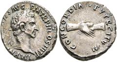 Roman Imperial Nerva, 96-98. Denarius (Silver, 17 mm, 3.80 g, 6 h), Rome, 97. IMP NERVA CAES AVG P M TR P II COS III P P Laureate head of Nerva to right. Rev. CONCORDIA EXERCITVVM Clasped right hands.