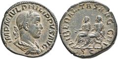 Roman Imperial Philip II, 247-249. Sestertius (Orichalcum, 30 mm, 22.81 g, 12 h), Rome. IMP M IVL PHILIPPVS AVG Laureate, draped and cuirassed bust of Philip II to right, seen from behind. Rev. LIBERA