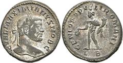 Roman Imperial Galerius, as Caesar, 293-305. Follis (Silvered bronze, 27 mm, 8.30 g, 12 h), Lugdunum, 295. C VAL MAXIMIANVS NOB C Laureate head of Galerius to right. Rev. GENIO POPV-LI ROMANI / L B Th