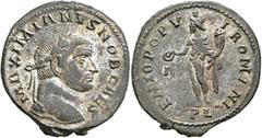 Roman Imperial Galerius, as Caesar, 293-305. Follis (Silvered bronze, 28 mm, 7.88 g, 12 h), Lugdunum, 296. MAXIMIANVS NOB CAES Laureate head of Galerius to right. Rev. GENIO POPV-LI ROMANI / A / PL Th