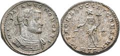 Roman Imperial Galerius, as Caesar, 293-305. Follis (Silvered bronze, 28 mm, 11.91 g, 6 h), Treveri, circa 300-301. MAXIMIANVS NOB CAES Laureate and cuirassed bust of Galerius to right. Rev. M SACRA A