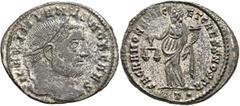 Roman Imperial Galerius, as Caesar, 293-305. Follis (Silvered bronze, 28 mm, 8.42 g, 12 h), Ticinum, circa 300-303. MAXIMIANVS NOB CAES Laureate head of Galerius to right. Rev. SACRA MONET AVGG ET CAE