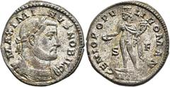Roman Imperial Galerius, as Caesar, 293-305. Follis (Silvered bronze, 27 mm, 9.56 g, 12 h), Treveri, circa 302-303. MAXIMIANVS NOBIL C Laureate and cuirassed bust of Galerius to right. Rev. GENIO POPV