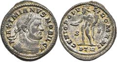 Roman Imperial Galerius, as Caesar, 293-305. Follis (Silvered bronze, 30 mm, 11.71 g, 12 h), Treveri, circa 303-305. MAXIMIANVS NOBIL C Laureate and cuirassed bust of Galerius to right. Rev. GENIO POP