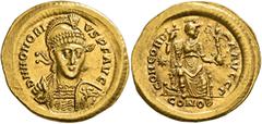 Roman Imperial Honorius, 393-423. Solidus (Gold, 22 mm, 4.47 g, 6 h), Constantinopolis, 397-402. D N HONORI-VS P F AVG Helmeted, pearl-diademed and cuirassed bust of Honorius facing, his head turned s