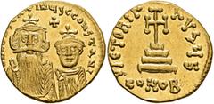 Byzantine Constans II, with Constantine IV, 641-668. Solidus (Gold, 20 mm, 4.51 g, 6 h), Constantinopolis, circa 654-659. δ N CONSTANTINЧS C CONSTANI Crowned and draped bust of Constans II facing, wit