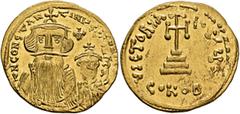 Byzantine Constans II, with Constantine IV, 641-668. Solidus (Gold, 21 mm, 4.52 g, 6 h), Constantinopolis, circa 654-659. δ N CONSTANTINЧS C CONSTA Crowned and draped bust of Constans II facing, with 