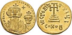 Byzantine Constans II, with Constantine IV, 641-668. Solidus (Gold, 19 mm, 4.45 g, 6 h), Constantinopolis, circa 654-659. δ N CONSTANTINЧS C CONSTANTINЧ Crowned and draped bust of Constans II facing, 
